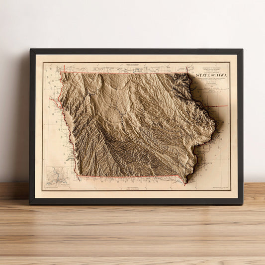 Iowa (USA) vintage framed shaded relief map in black frame. Artistic print highlighting mountains with a realistic terrain effect