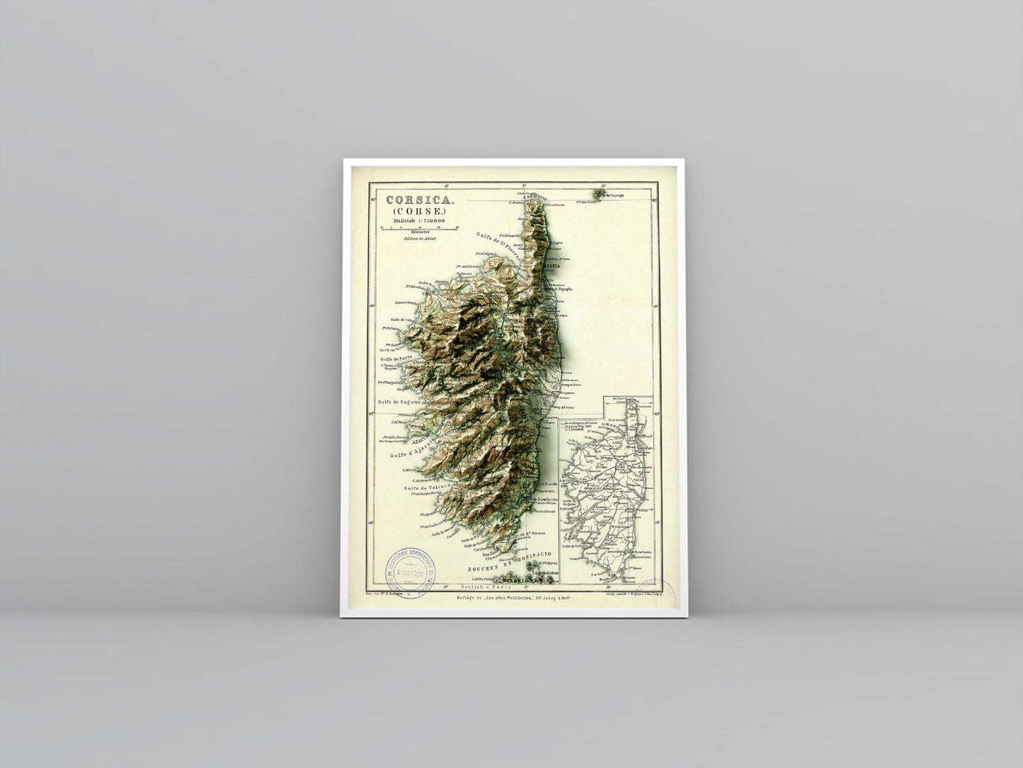 Corsica (France) vintage framed shaded relief map in white frame. Artistic print highlighting mountains with a realistic 3d effect