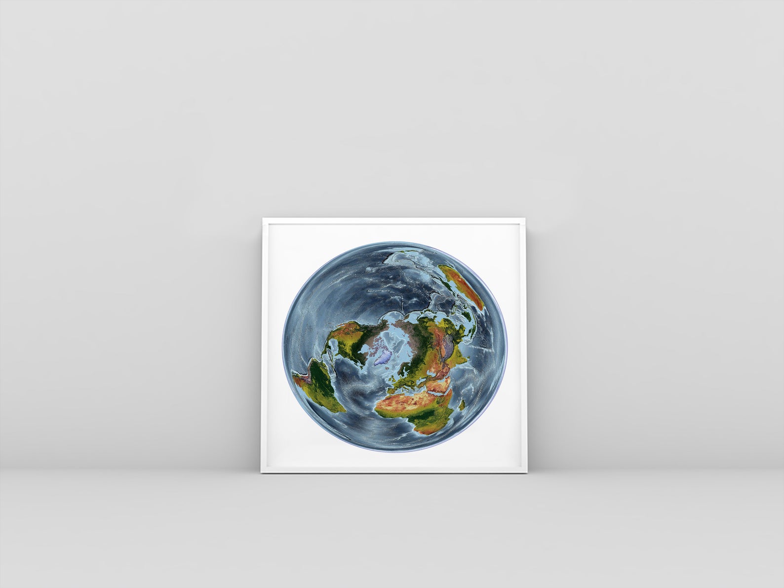 World framed shaded relief map in white frame. WGS 1984 Grid North Projection, an artistic print highlighting mountains and vegetation