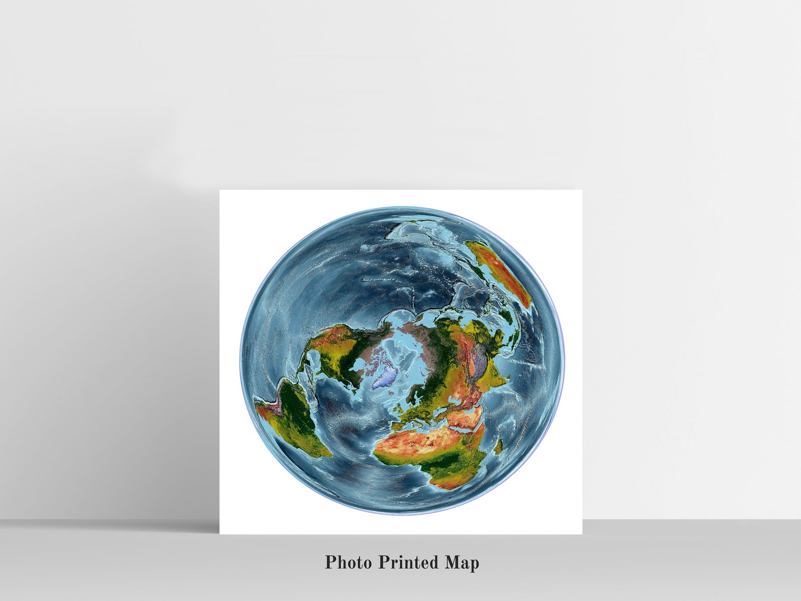 WGS 1984 Grid North Projection World Shaded relief map print, highlighting topography. Ideal for home decor and geography lovers