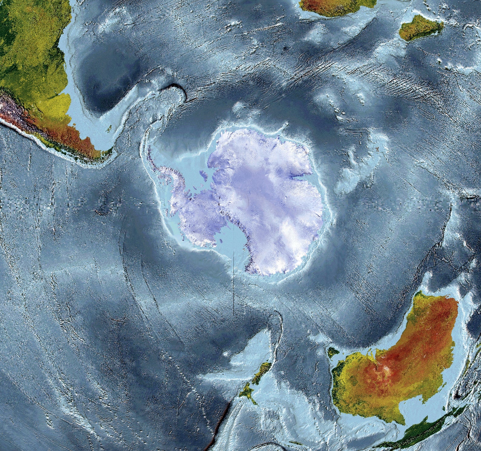 Detailed close-up of a WGS 1984 Grid South Perspective Space Projection World relief map, showcasing textured topography and geographic features