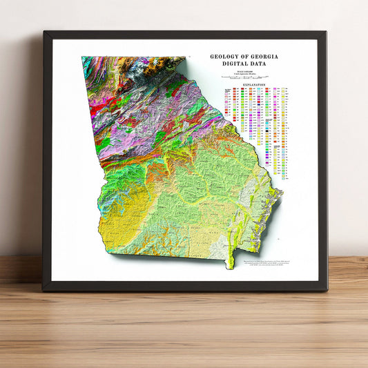 Georgia (USA) vintage framed shaded relief map in black frame. Artistic print highlighting mountains with a realistic terrain effect