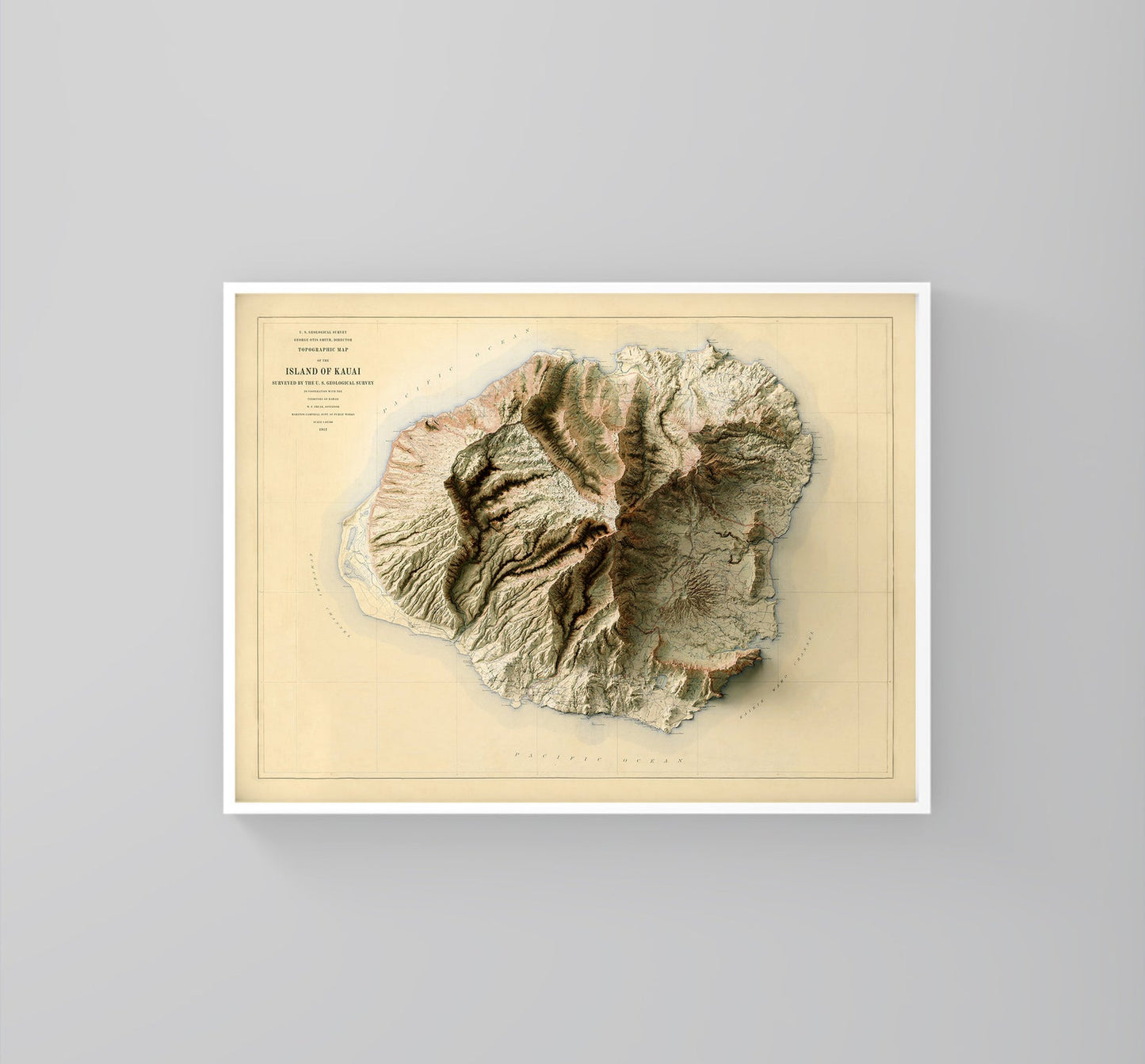 Kauai (Hawaii) vintage framed shaded relief map in white frame. Artistic print highlighting mountains with a realistic 3d effect