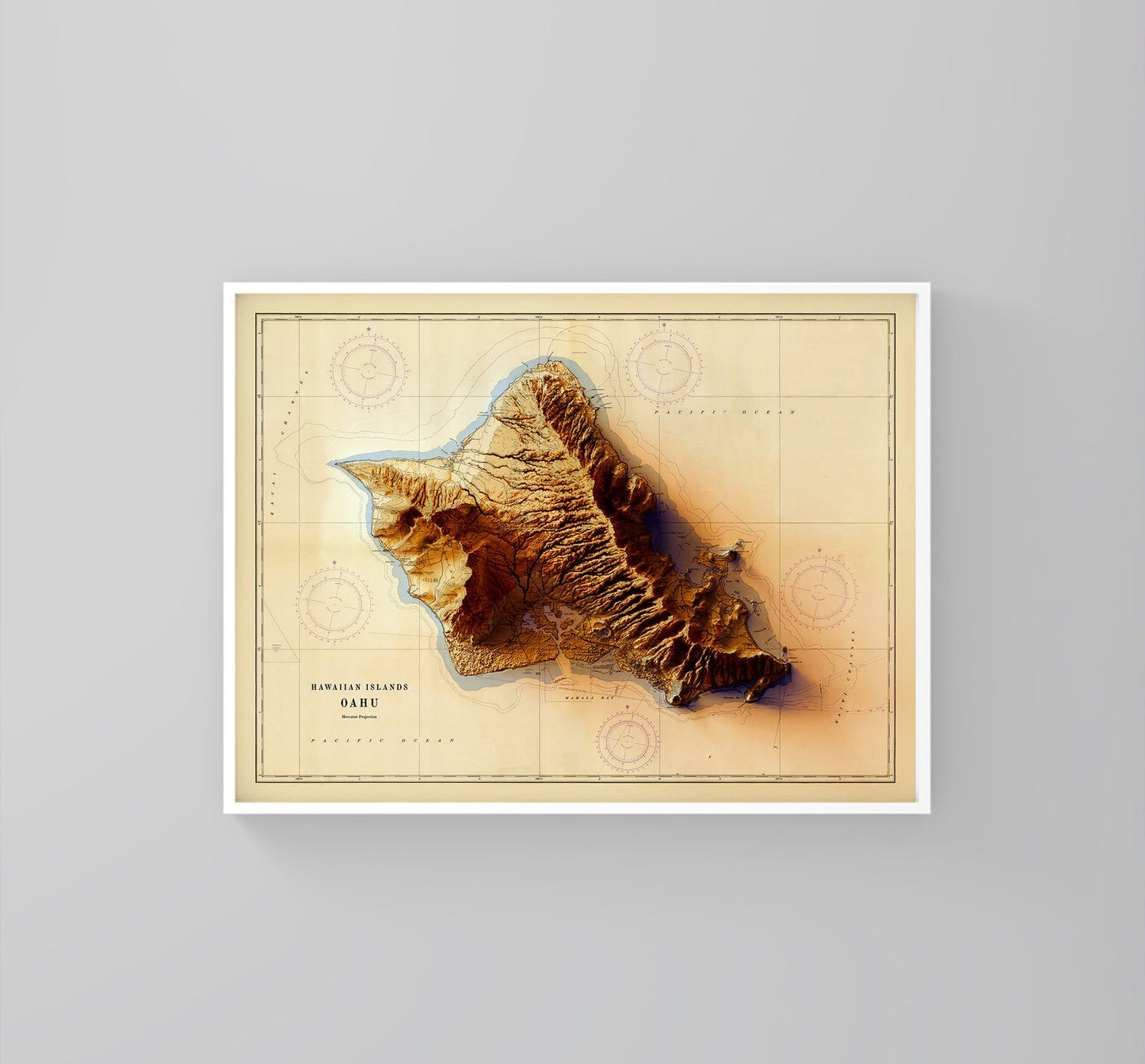 Oahu (Hawaii) vintage framed shaded relief map in white frame. Artistic print highlighting mountains with a realistic 3d effect