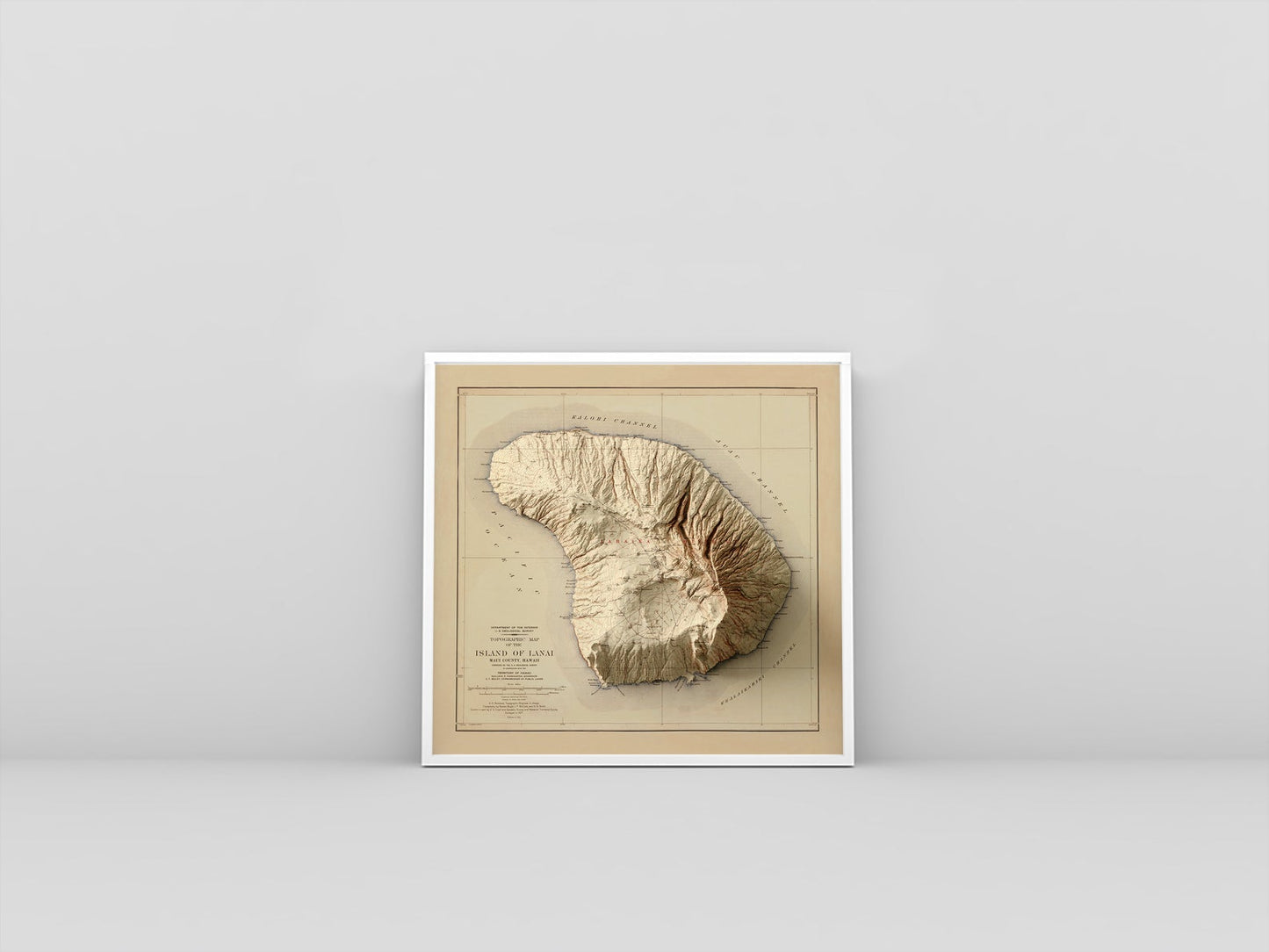 Lanai (Hawaii) vintage framed shaded relief map in white frame. Artistic print highlighting mountains with a realistic 3d effect