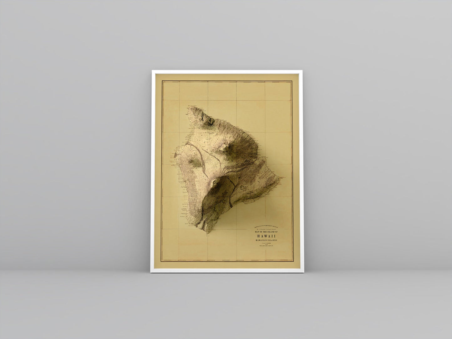 Hawaii Island (USA) vintage framed shaded relief map in white frame. Artistic print highlighting mountains with a realistic 3d effect