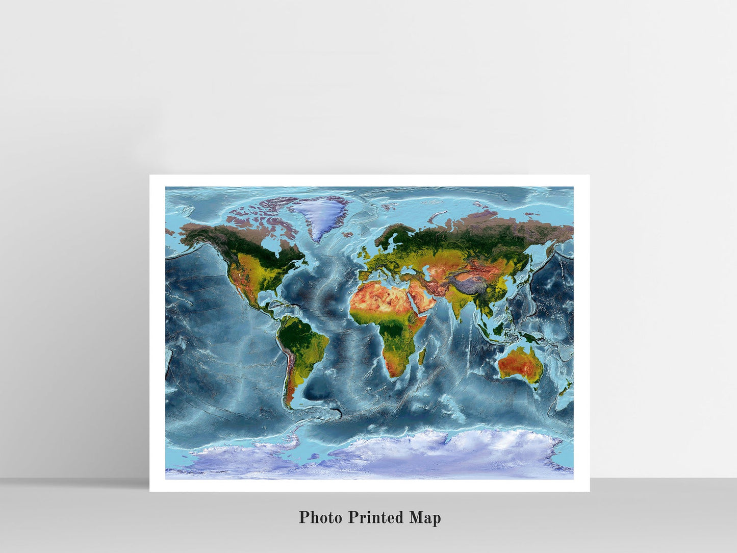Gall Stereographic Projection World Shaded relief map print, highlighting topography. Ideal for home decor and geography lovers