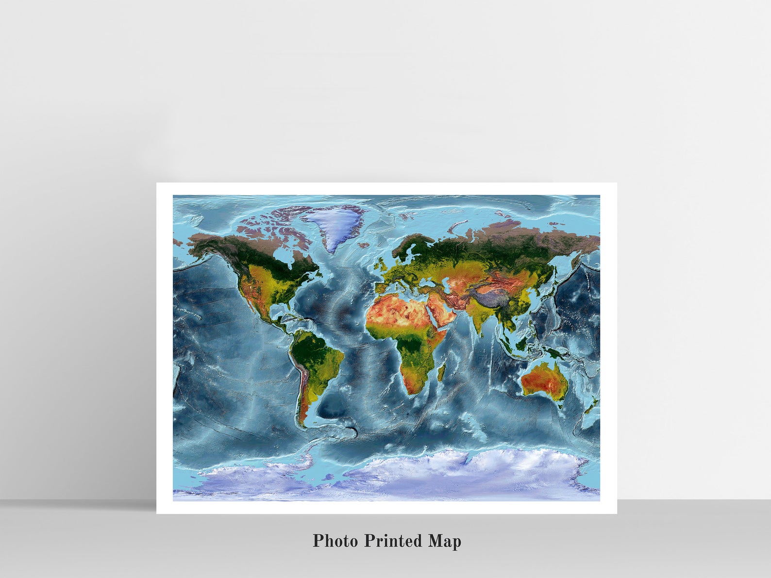 Gall Stereographic Projection World Shaded relief map print, highlighting topography. Ideal for home decor and geography lovers