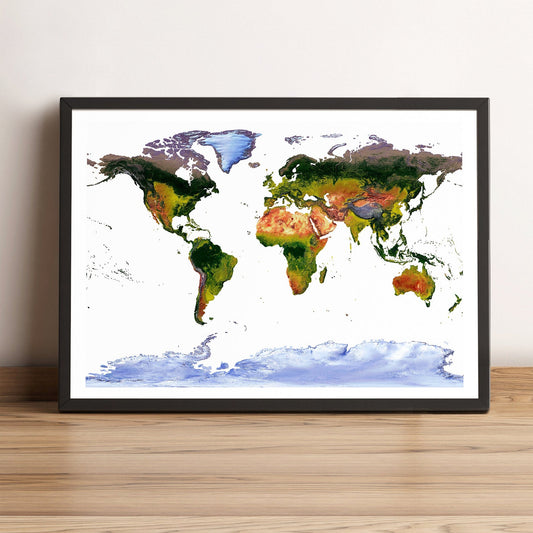 World framed shaded relief map in black frame, showing Goode Homolosine Land Projection. Artistic print highlighting vegetation