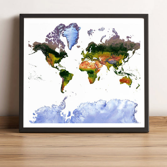 World framed shaded relief map in black frame, showing Mercator Projection. Artistic print highlighting vegetation