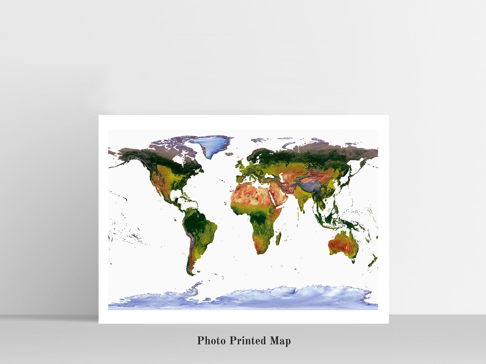 WGS84 Projection World Shaded relief map print, highlighting topography. Ideal for home decor and geography lovers