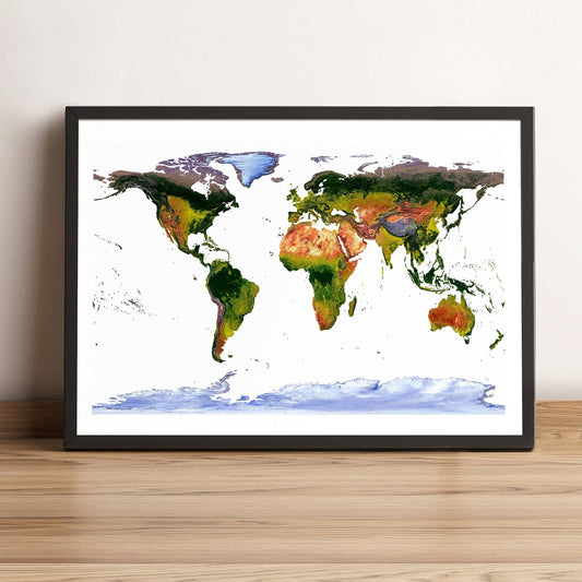 World framed shaded relief map in black frame, showing WGS84 Projection. Artistic print highlighting vegetation