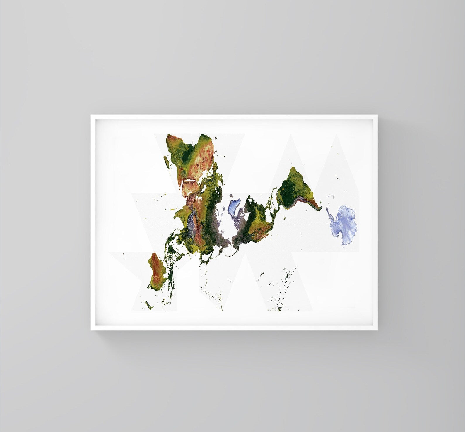 World framed shaded relief map in white frame. Fuller Projection, an artistic print highlighting mountains and vegetation