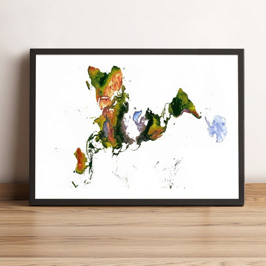World framed shaded relief map in black frame, showing Fuller Projection. Artistic print highlighting vegetation