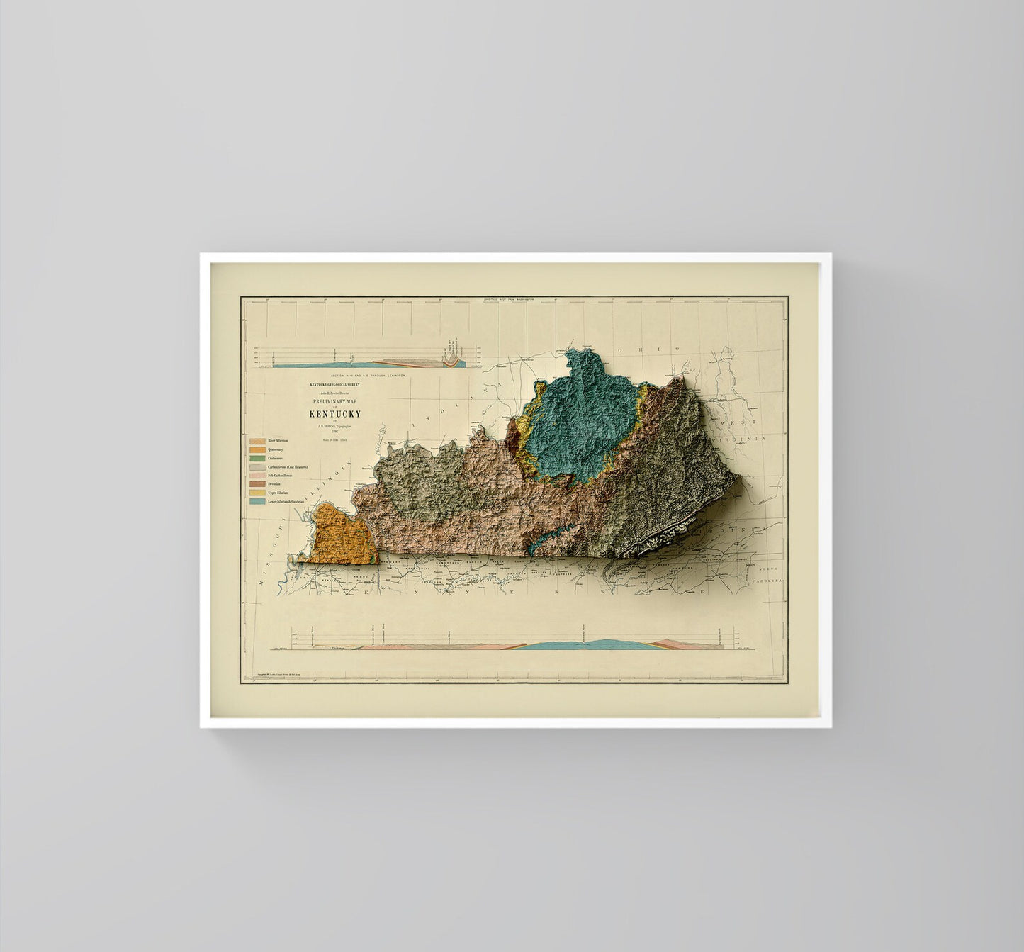 Kentucky (USA) vintage framed shaded relief map in white frame. Artistic print highlighting mountains with a realistic 3d effect