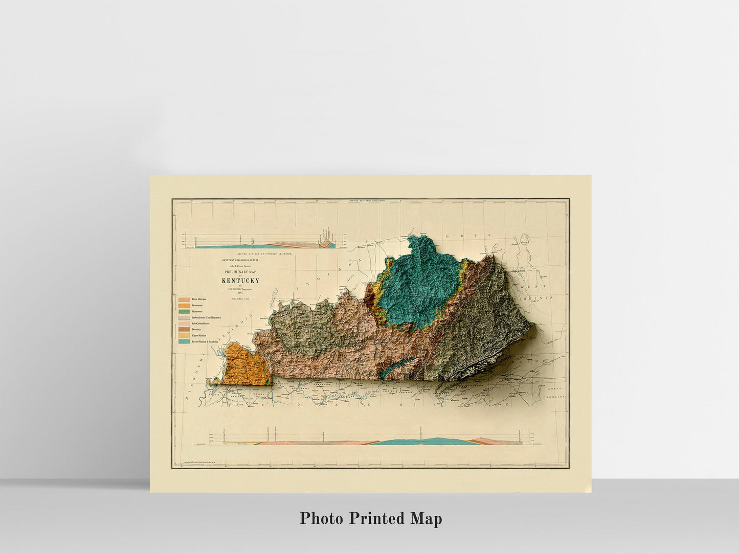 Kentucky (USA) Shaded relief map print, highlighting topography. Ideal for home decor and geography lovers