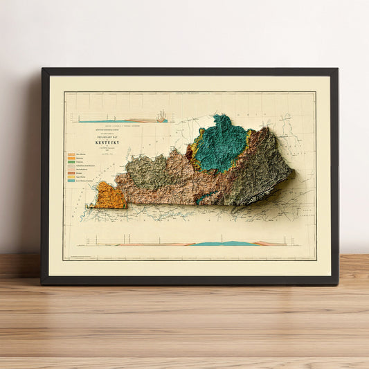 Kentucky (USA) vintage framed shaded relief map in black frame. Artistic print highlighting mountains with a realistic terrain effect