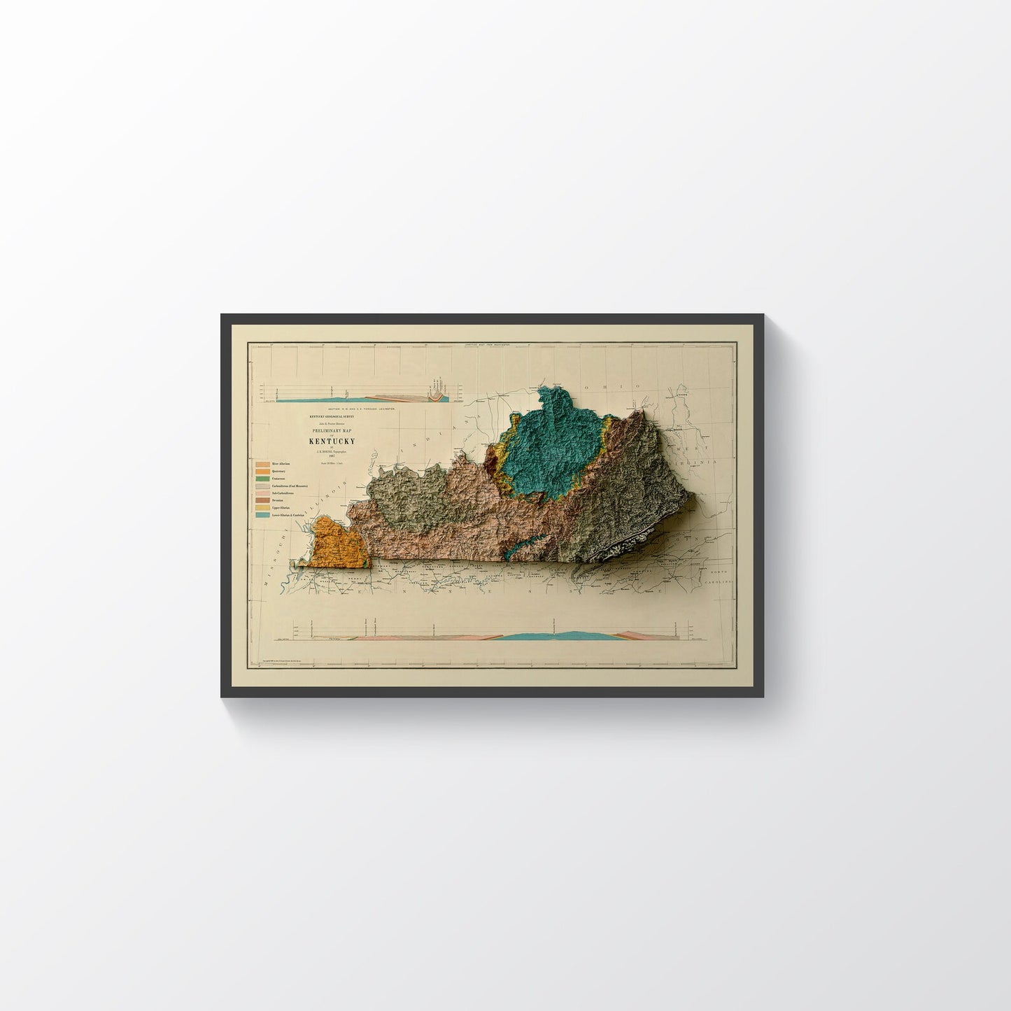 Kentucky (USA) vintage framed shaded relief map in black frame. Artistic print highlighting mountains with a realistic terrain effect