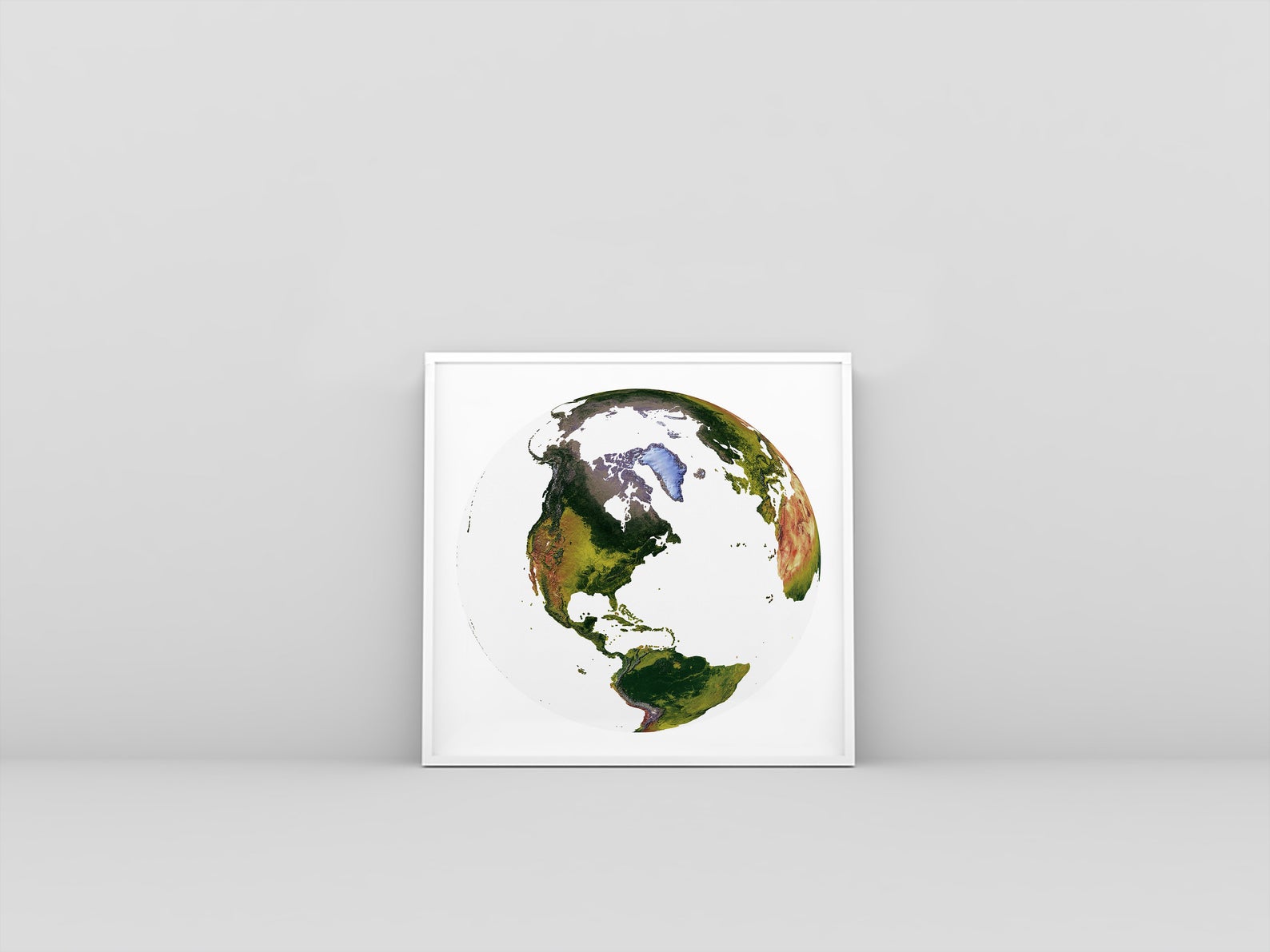 World framed shaded relief map in white frame. The World From Space Projection, an artistic print highlighting mountains and vegetation