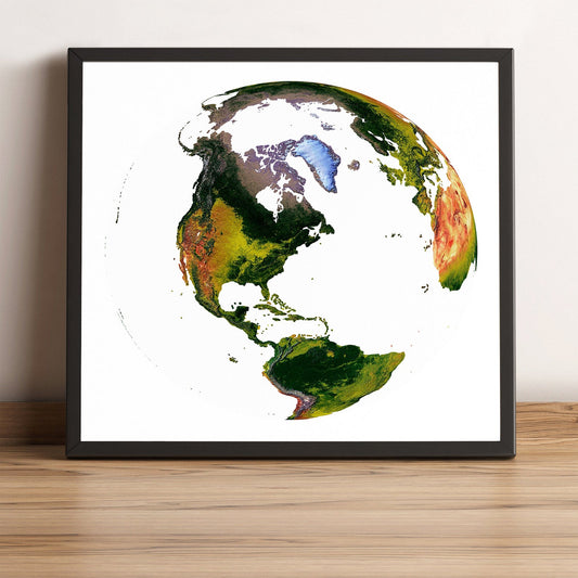 World framed shaded relief map in black frame, showing The World From Space Projection. Artistic print highlighting vegetation