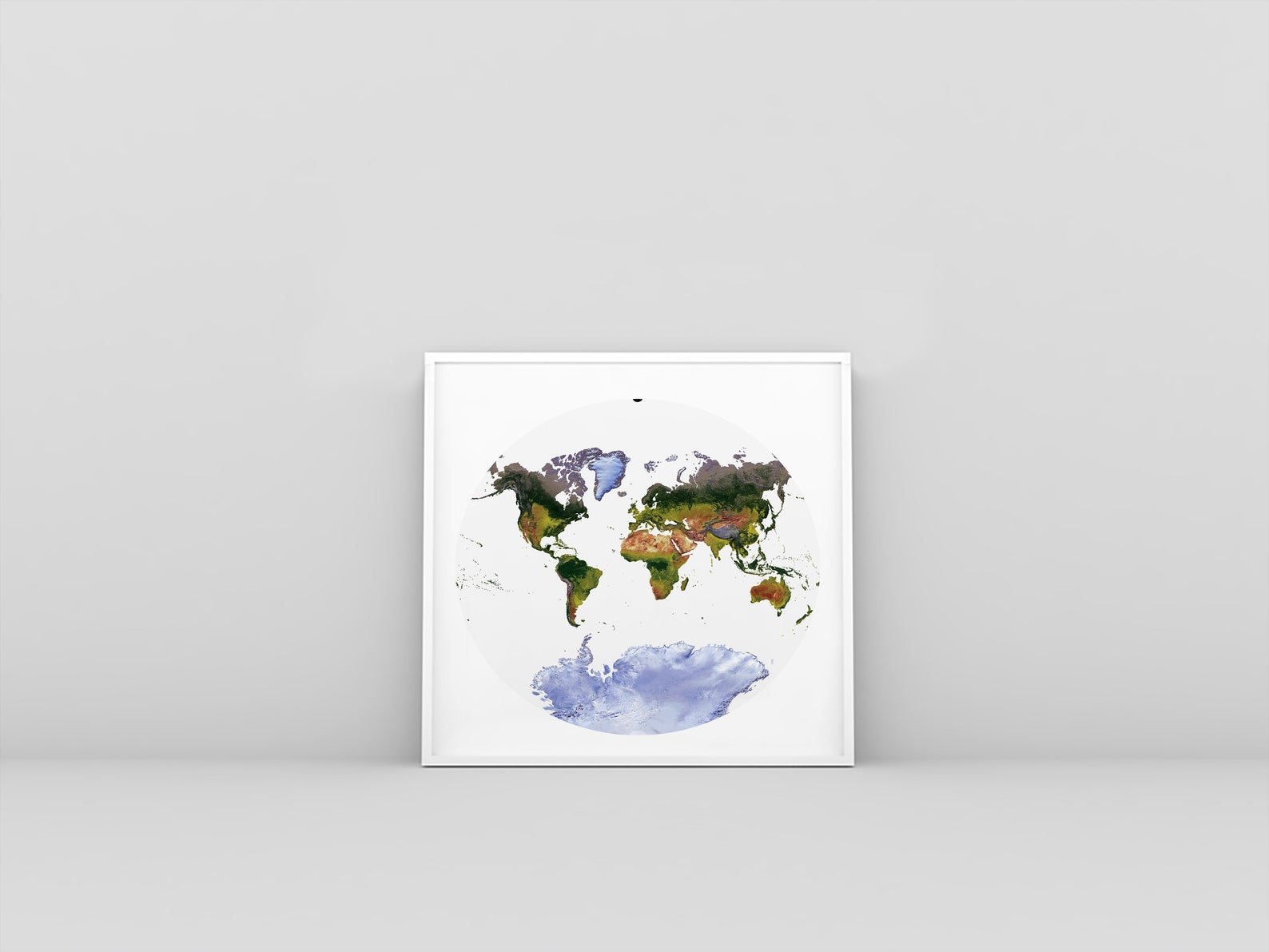 World framed shaded relief map in white frame. Van der Grinten Projection, an artistic print highlighting mountains and vegetation