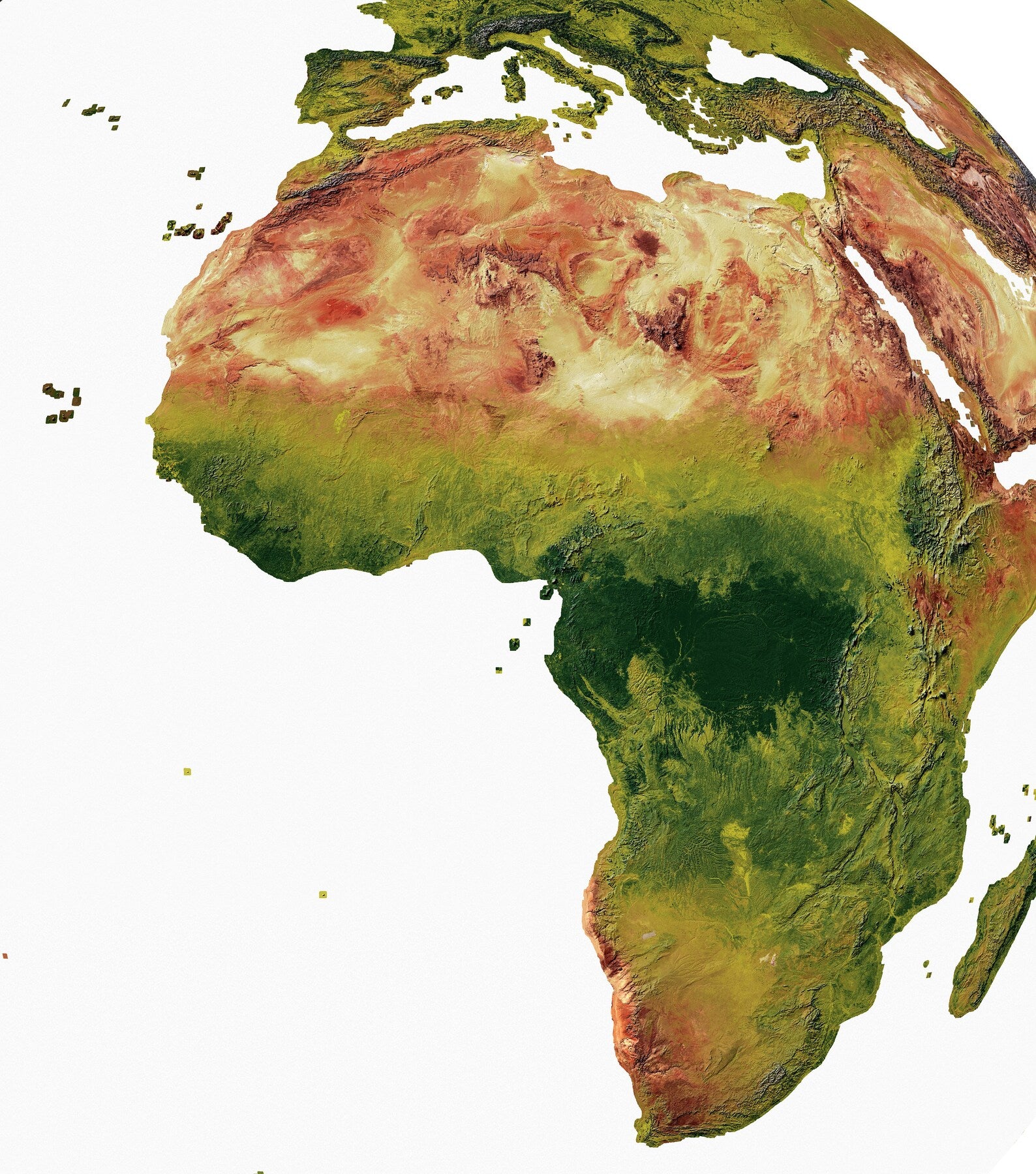 Detailed close-up of a Vertical Perspective Space Projection World relief map, showcasing textured topography and geographic features