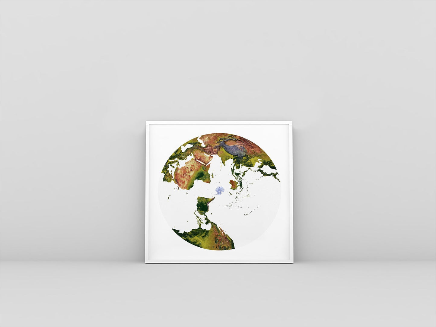 World framed shaded relief map in white frame. Antarctic Polar Stereographic Projection, an artistic print highlighting mountains and vegetation