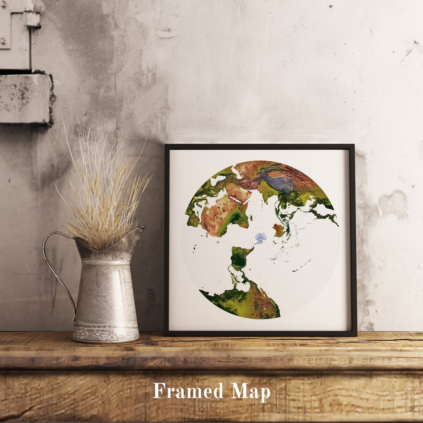 World shaded relief map in black frame, featuring the Australian Antarctic Polar Stereographic Projection. Terrain art print for home decor