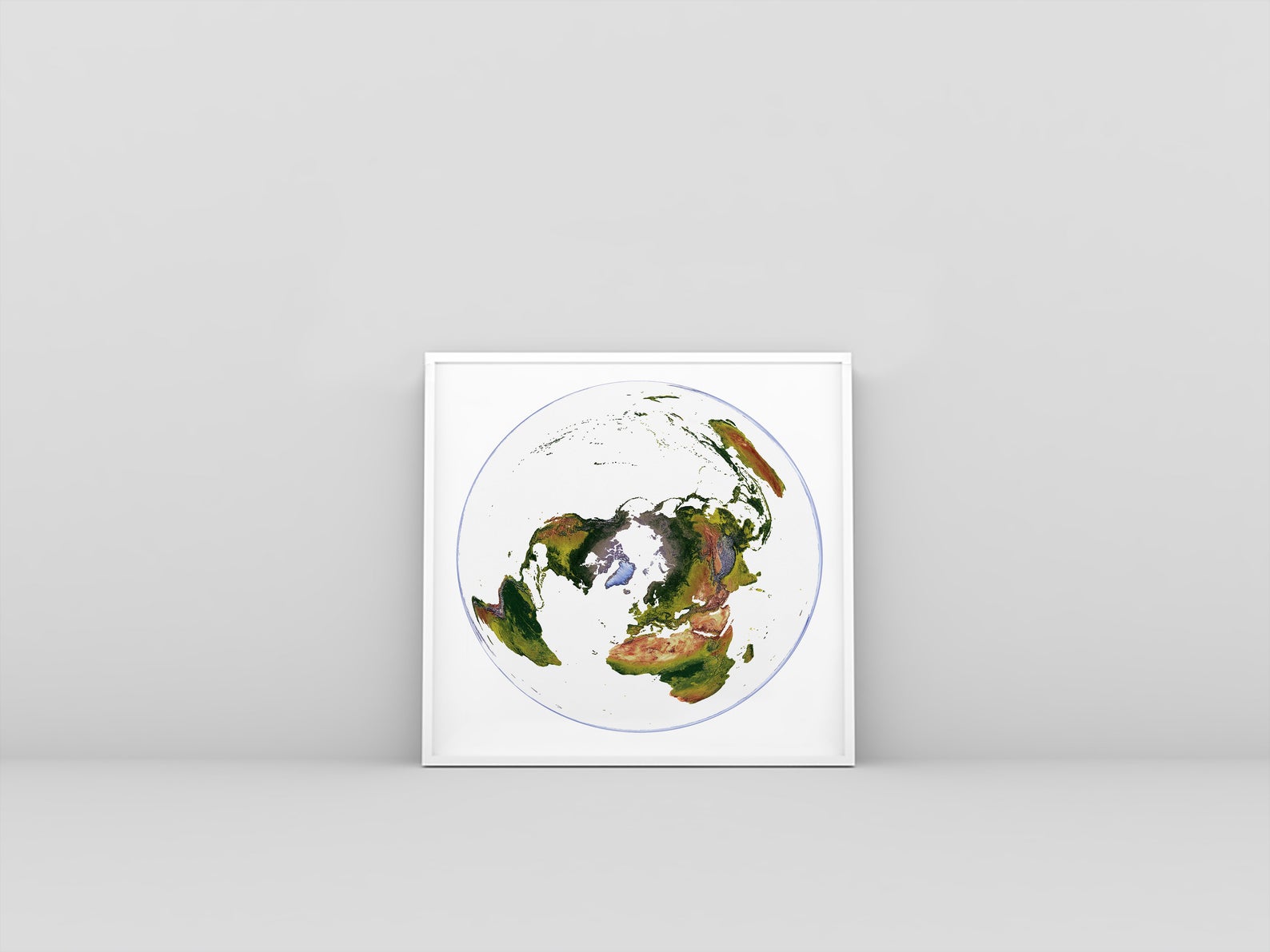 World framed shaded relief map in white frame. WGS 1984 Grid North Projection, an artistic print highlighting mountains and vegetation