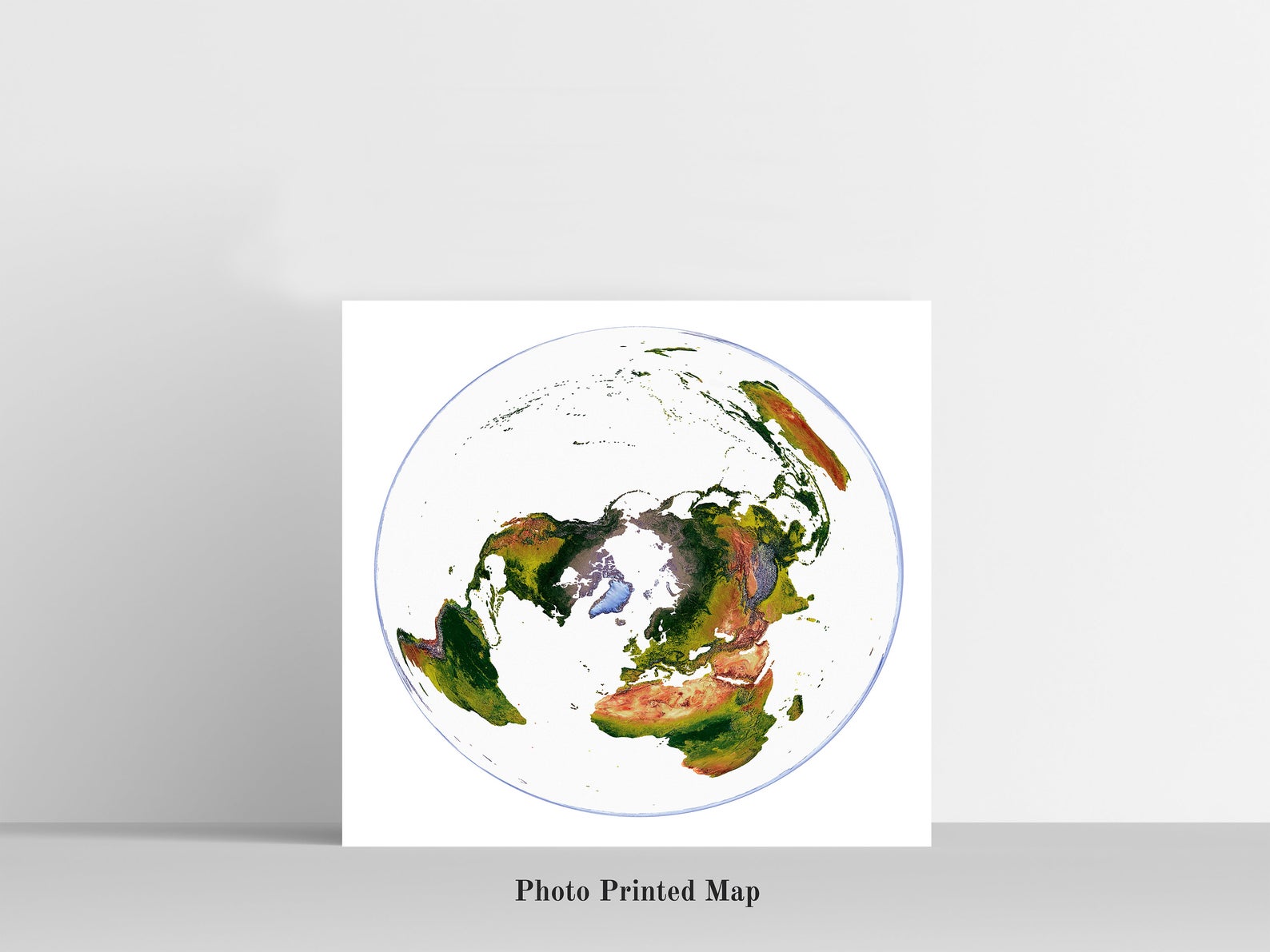 WGS 1984 Grid North Projection World Shaded relief map print, highlighting topography. Ideal for home decor and geography lovers
