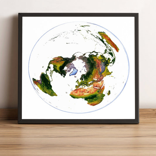 World framed shaded relief map in black frame, showing WGS 1984 Grid North Projection. Artistic print highlighting vegetation