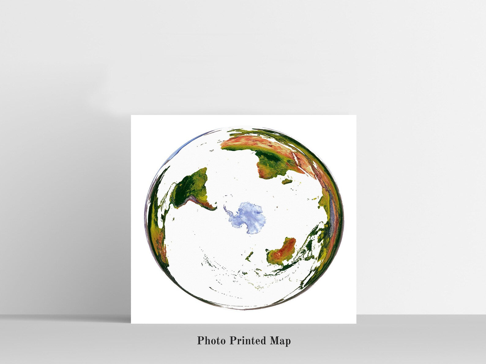 WGS 1984 Grid South Projection World Shaded relief map print, highlighting topography. Ideal for home decor and geography lovers