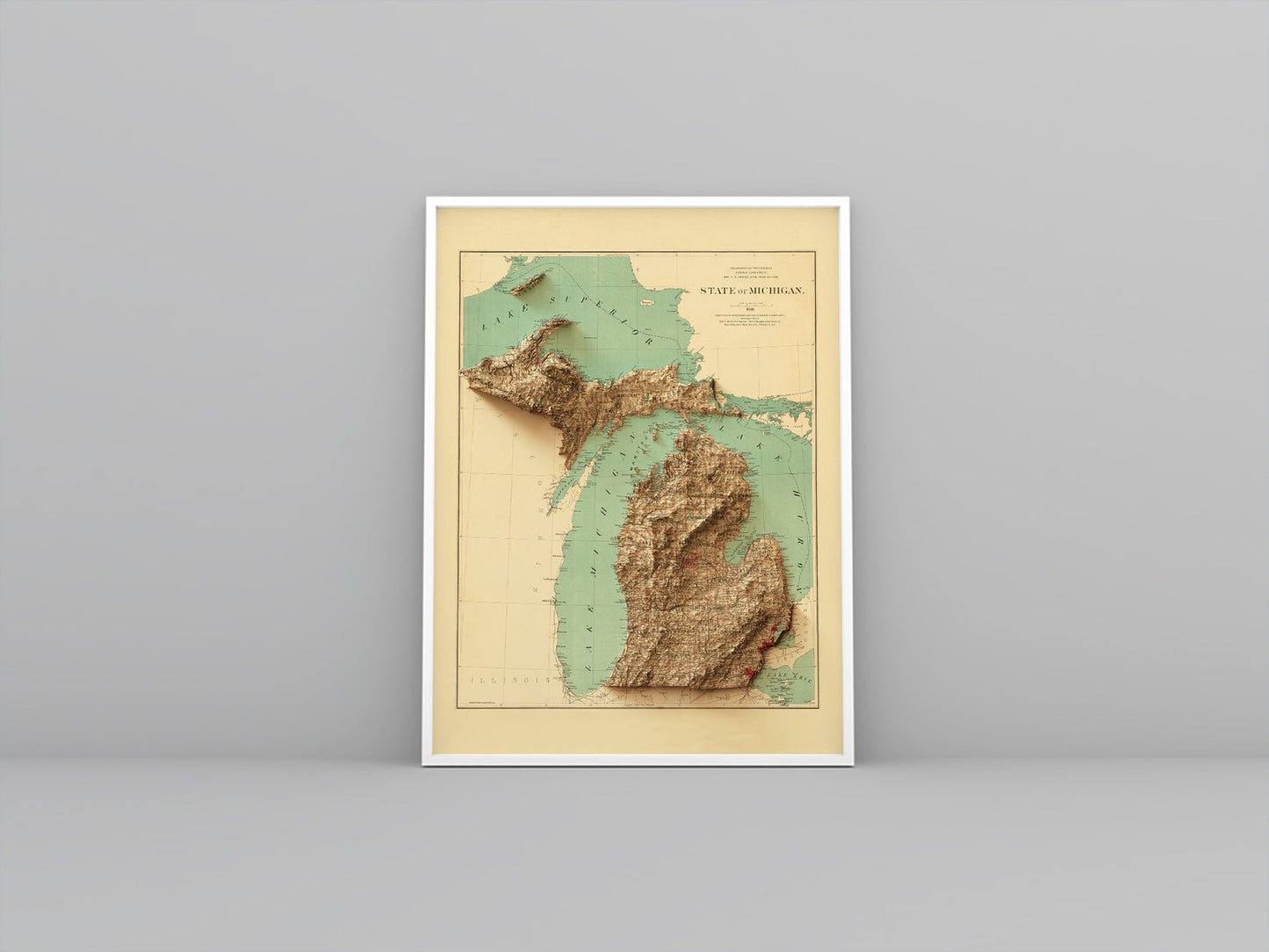 Michigan (USA) vintage framed shaded relief map in white frame. Artistic print highlighting mountains with a realistic 3d effect