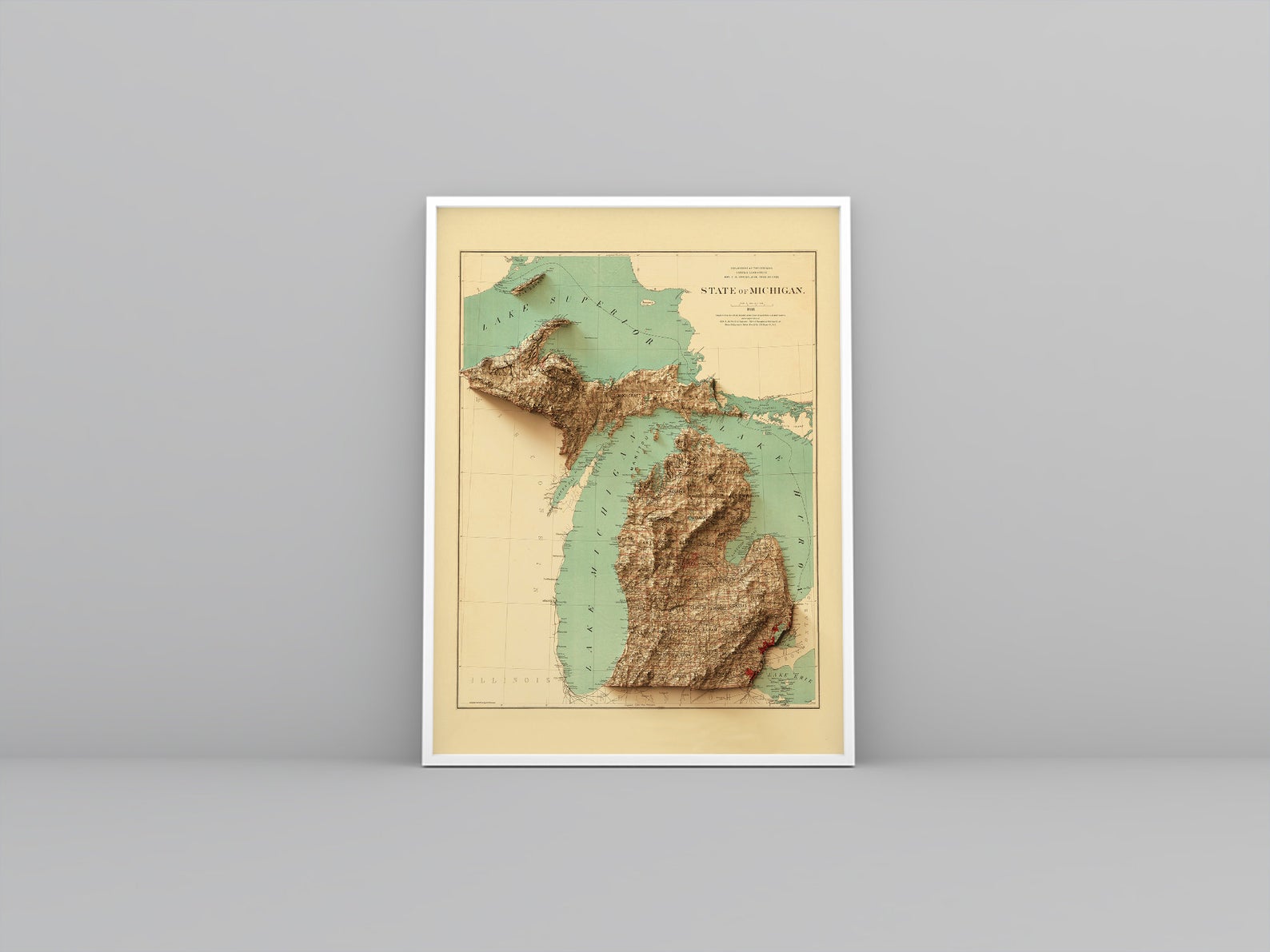 Michigan (USA) vintage framed shaded relief map in white frame. Artistic print highlighting mountains with a realistic 3d effect