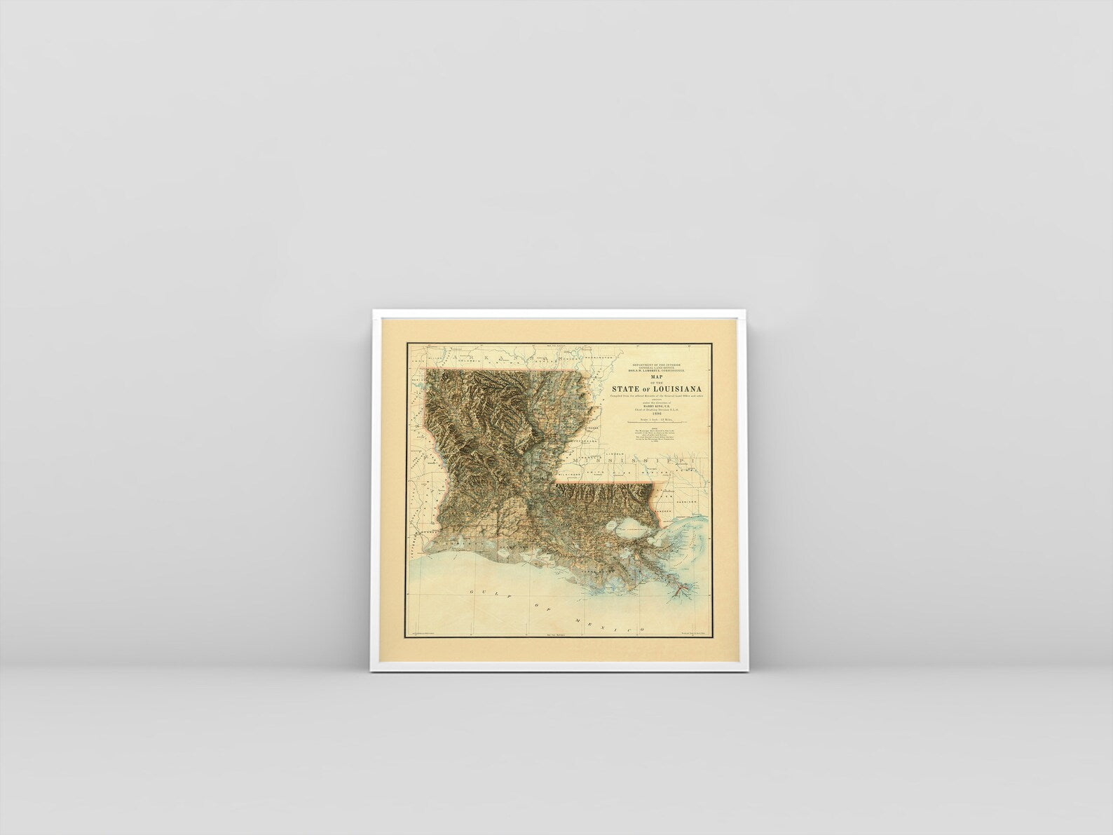 Louisiana (USA) vintage framed shaded relief map in white frame. Artistic print highlighting mountains with a realistic 3d effect