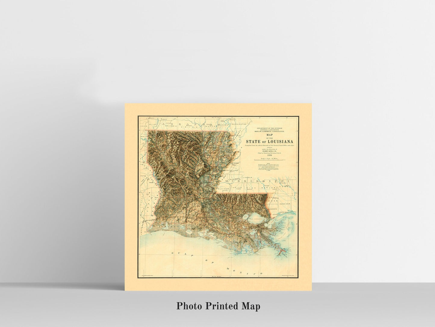 Louisiana (USA) Shaded relief map print, highlighting topography. Ideal for home decor and geography lovers