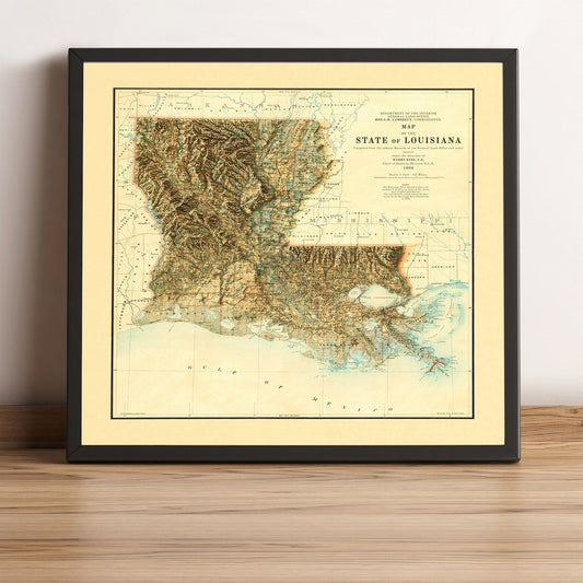 Louisiana (USA) vintage framed shaded relief map in black frame. Artistic print highlighting mountains with a realistic terrain effect