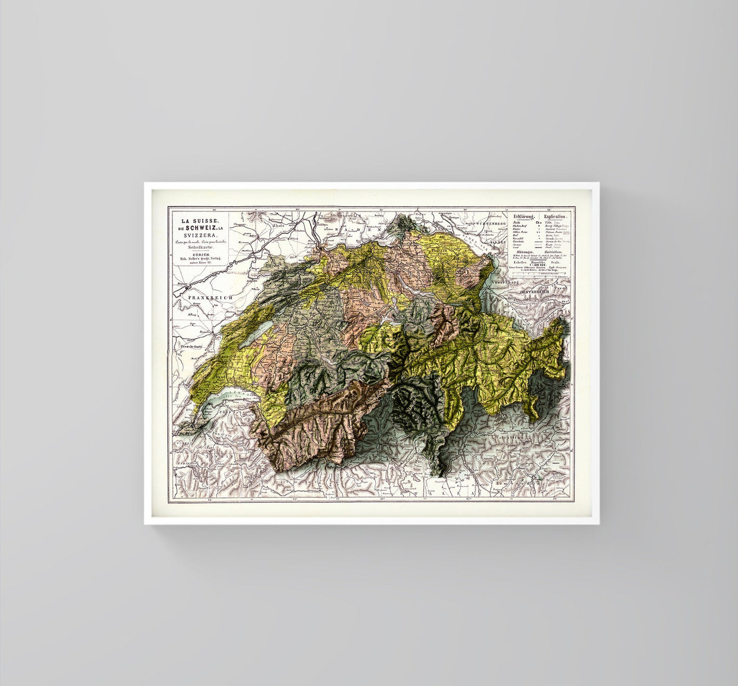 Switzerland vintage framed shaded relief map in white frame. Artistic print highlighting mountains with a realistic 3d effect