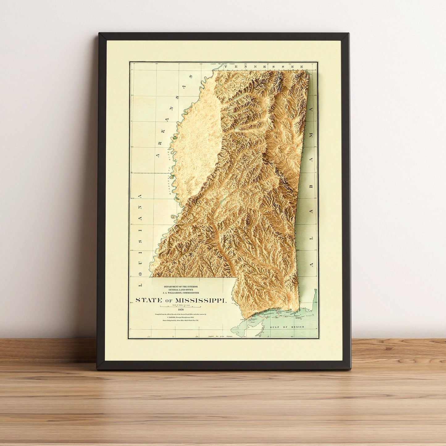 Mississippi (USA) vintage framed shaded relief map in black frame. Artistic print highlighting mountains with a realistic terrain effect