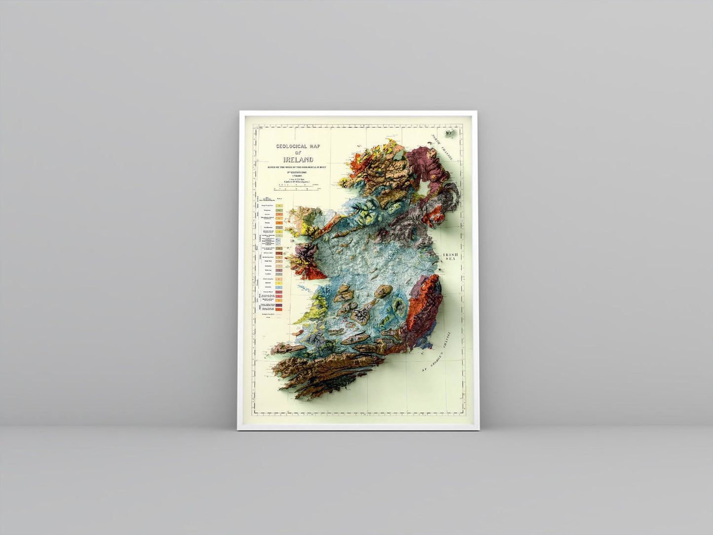 Ireland vintage framed shaded relief map in white frame. Artistic print highlighting mountains with a realistic 3d effect
