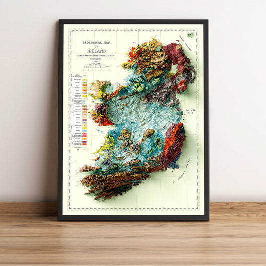 Ireland vintage framed shaded relief map in black frame. Artistic print highlighting mountains with a realistic terrain effect