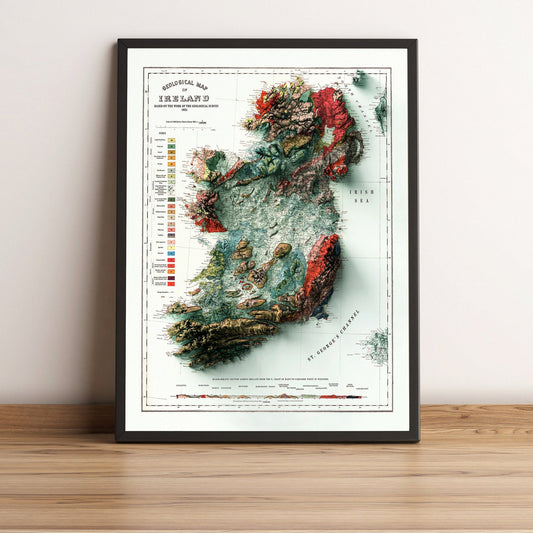 Ireland vintage framed shaded relief map in black frame. Artistic print highlighting mountains with a realistic terrain effect