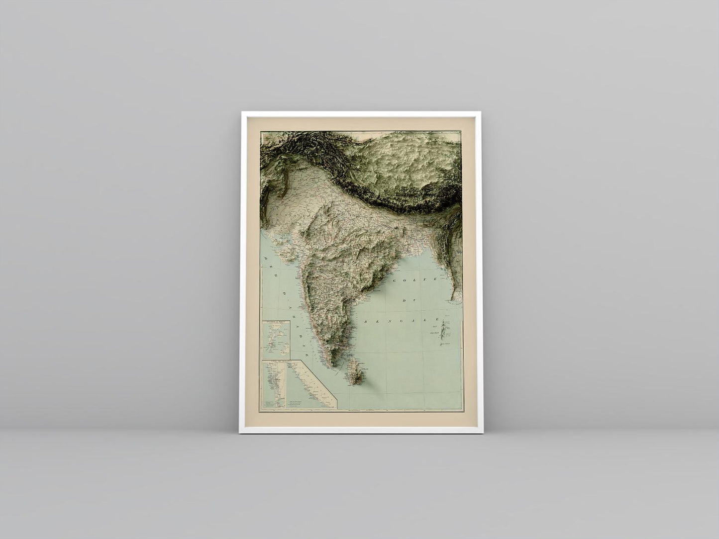 India vintage framed shaded relief map in white frame. Artistic print highlighting mountains with a realistic 3d effect