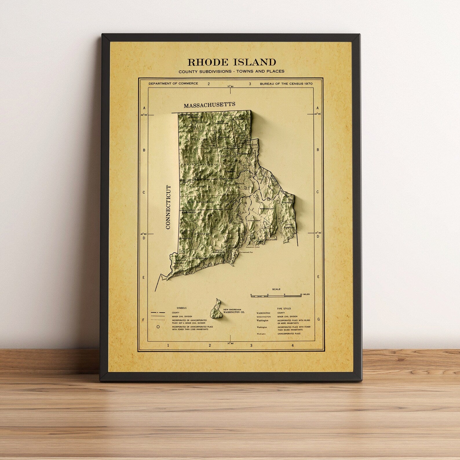 Rhode Island (USA) vintage framed shaded relief map in black frame. Artistic print highlighting mountains with a realistic terrain effect