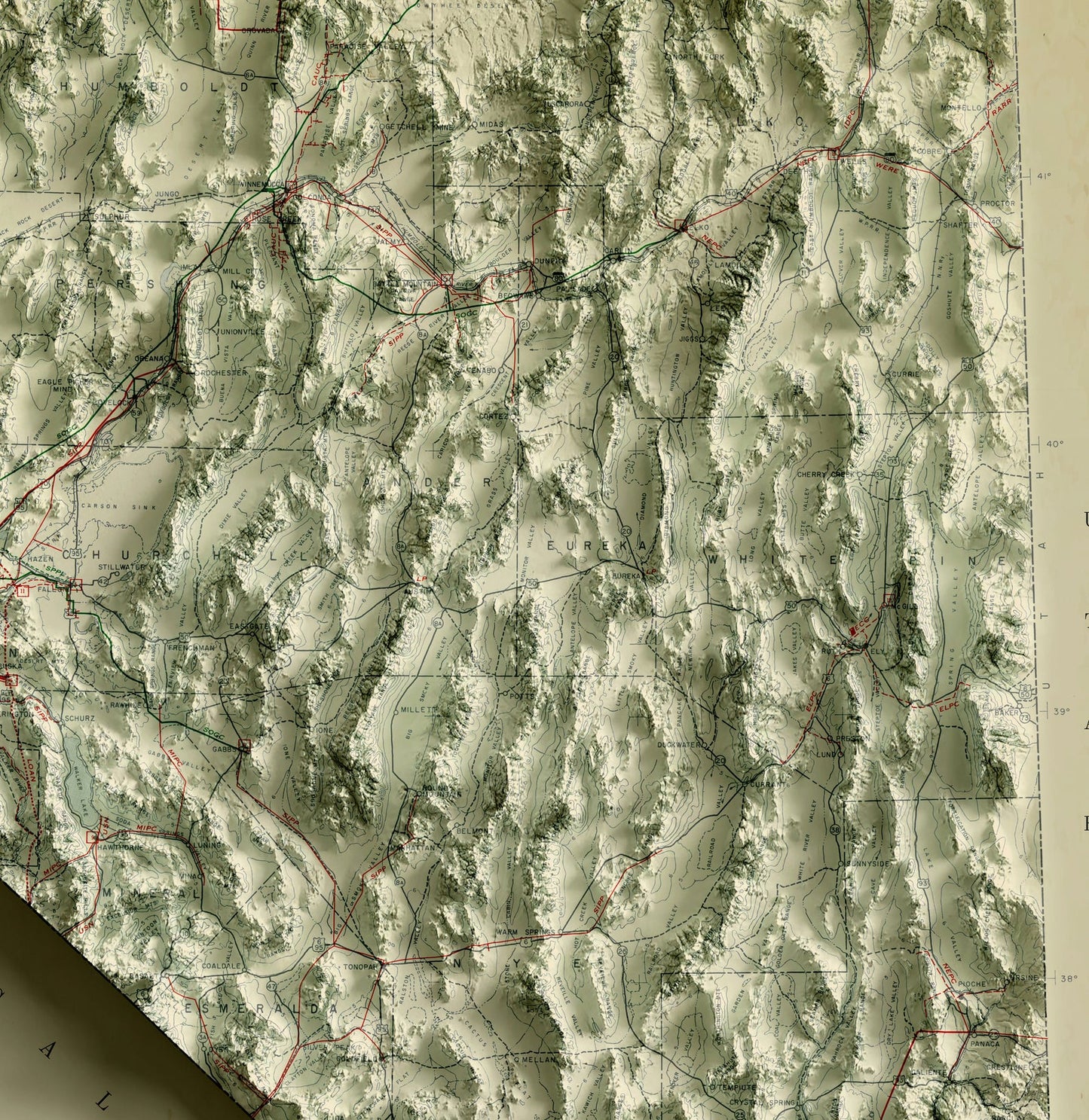 Detailed close-up of a vintage Nevada (USA) relief map, showcasing textured topography and geographic contours