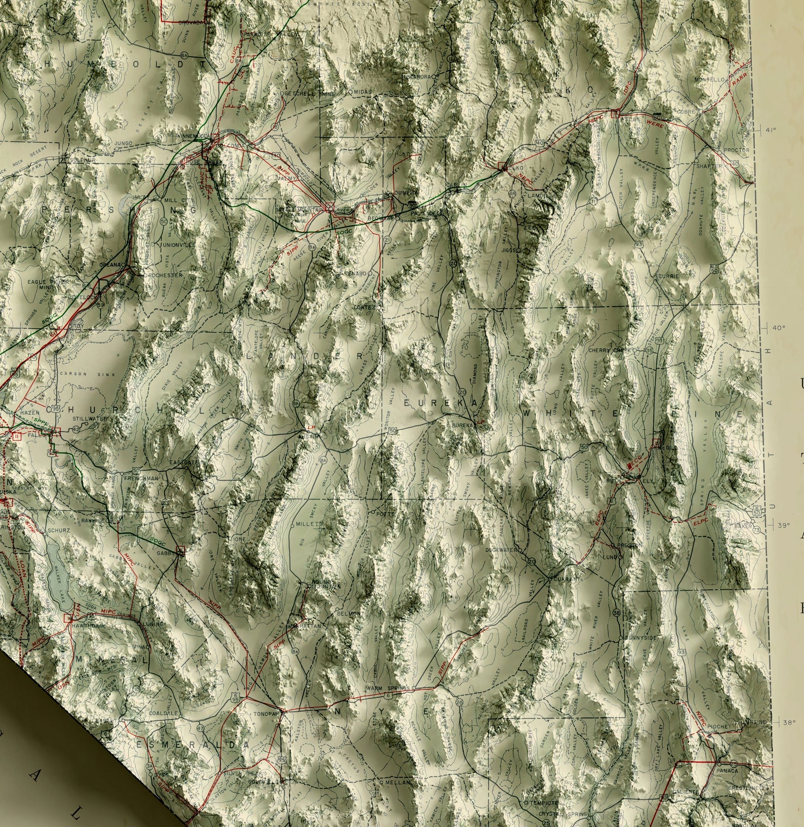 Detailed close-up of a vintage Nevada (USA) relief map, showcasing textured topography and geographic contours