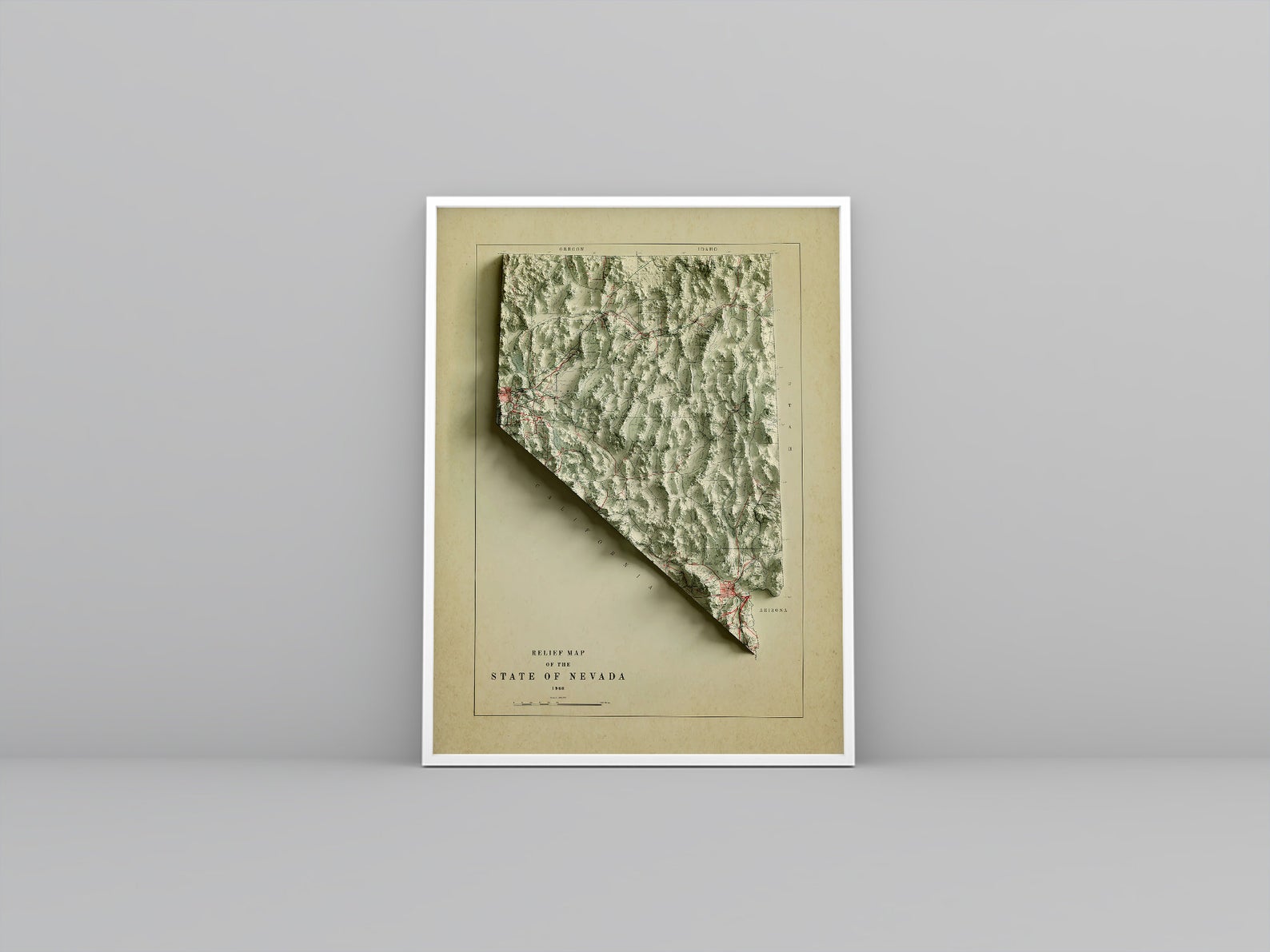 Nevada (USA) vintage framed shaded relief map in white frame. Artistic print highlighting mountains with a realistic 3d effect