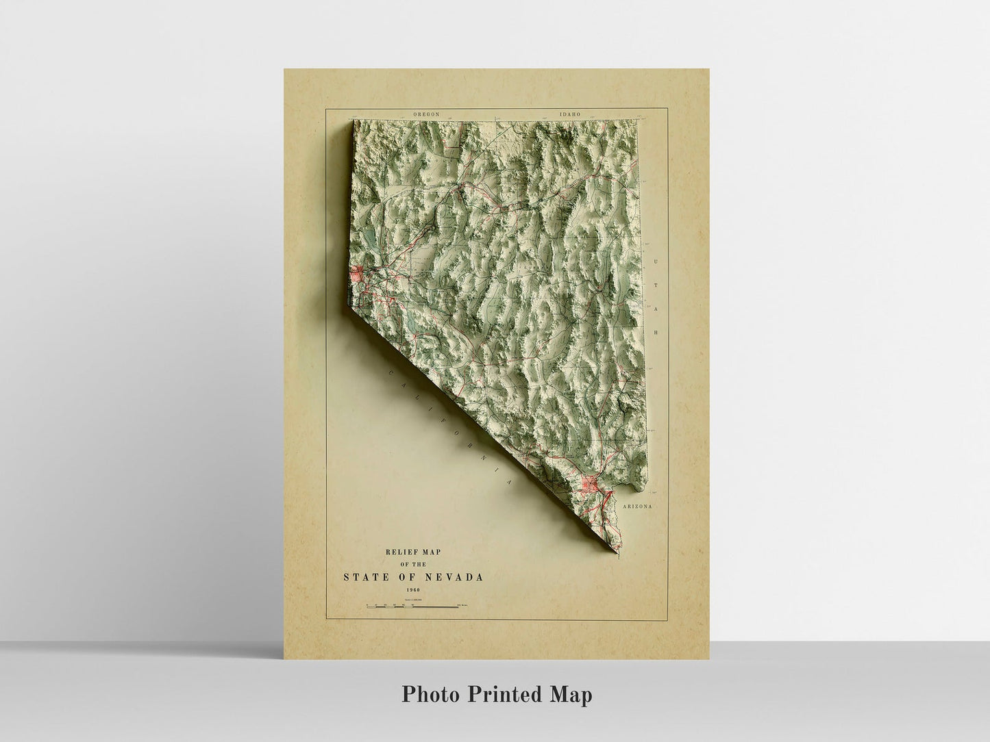 Nevada (USA) Shaded relief map print, highlighting topography. Ideal for home decor and geography lovers