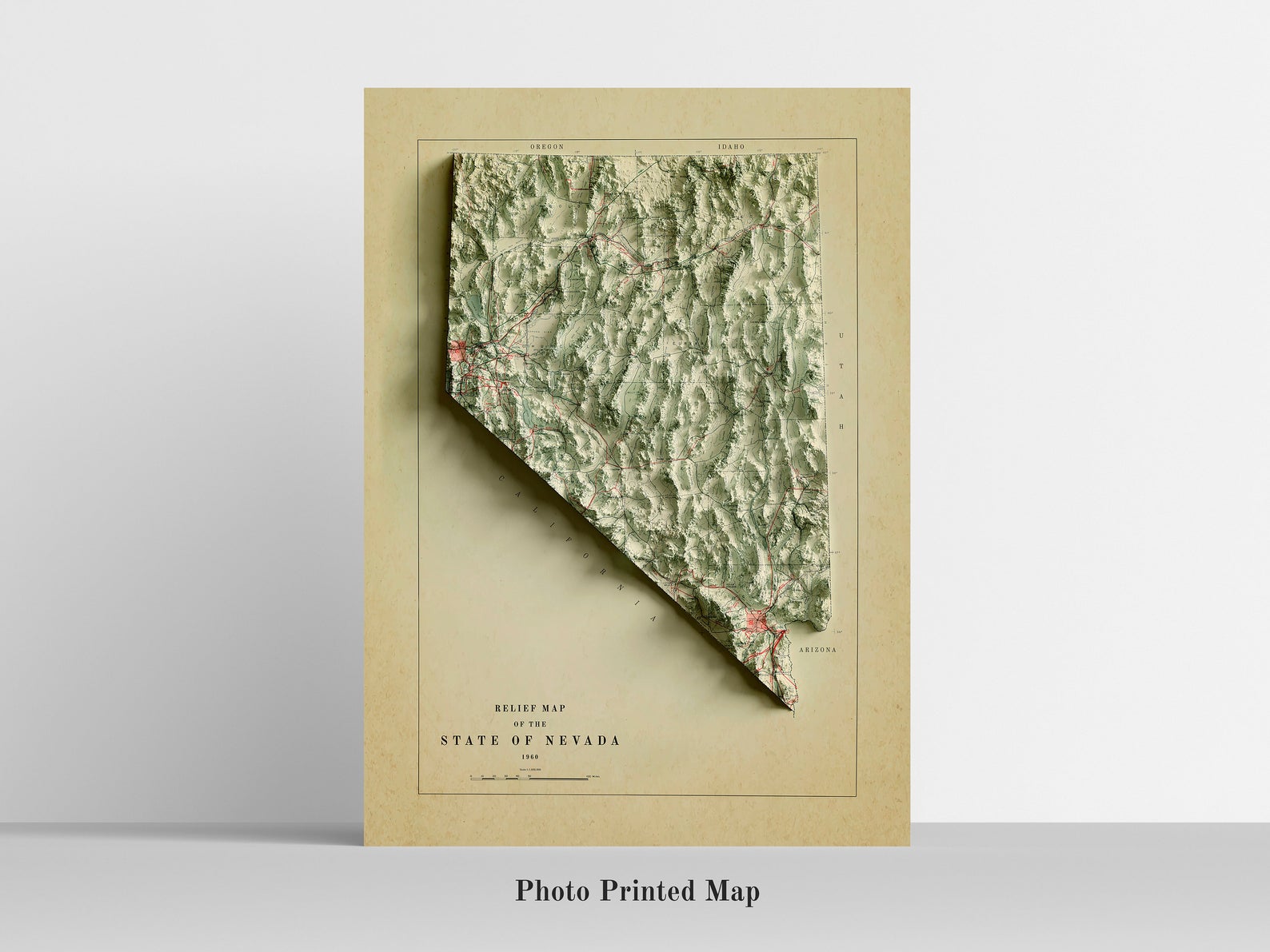 Nevada (USA) Shaded relief map print, highlighting topography. Ideal for home decor and geography lovers