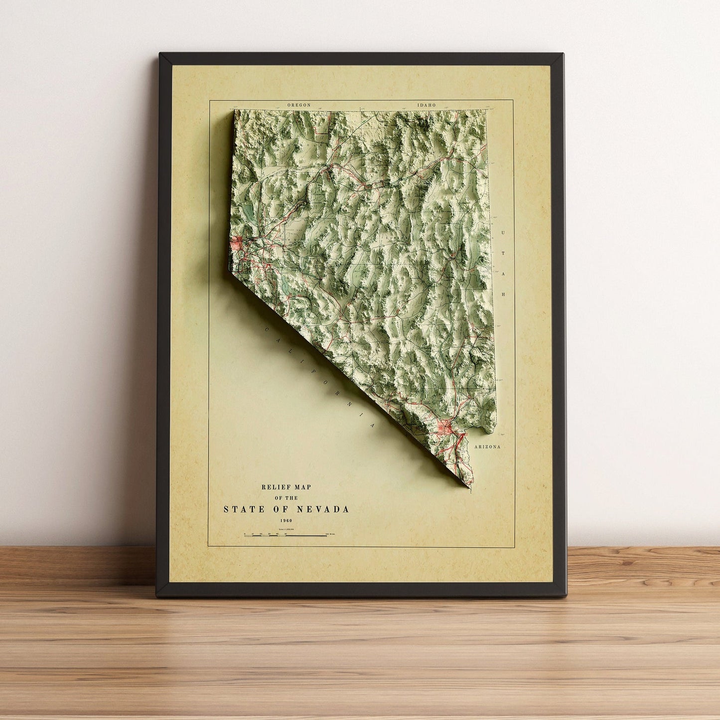 Nevada (USA) vintage framed shaded relief map in black frame. Artistic print highlighting mountains with a realistic terrain effect